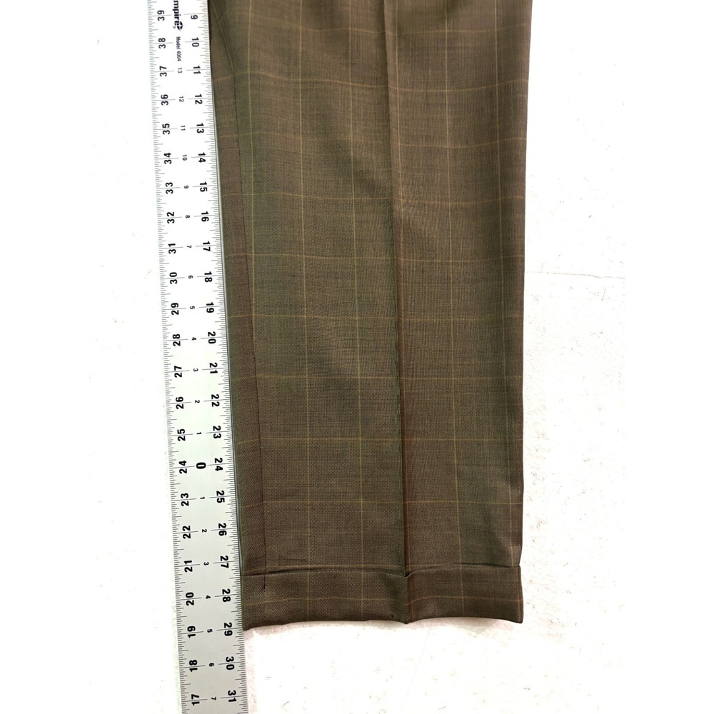 Jos A Bank 38x29 Brown Windowpane Suit Pants 100% Wool Pleated Trousers Cuffed - Picture 4 of 9